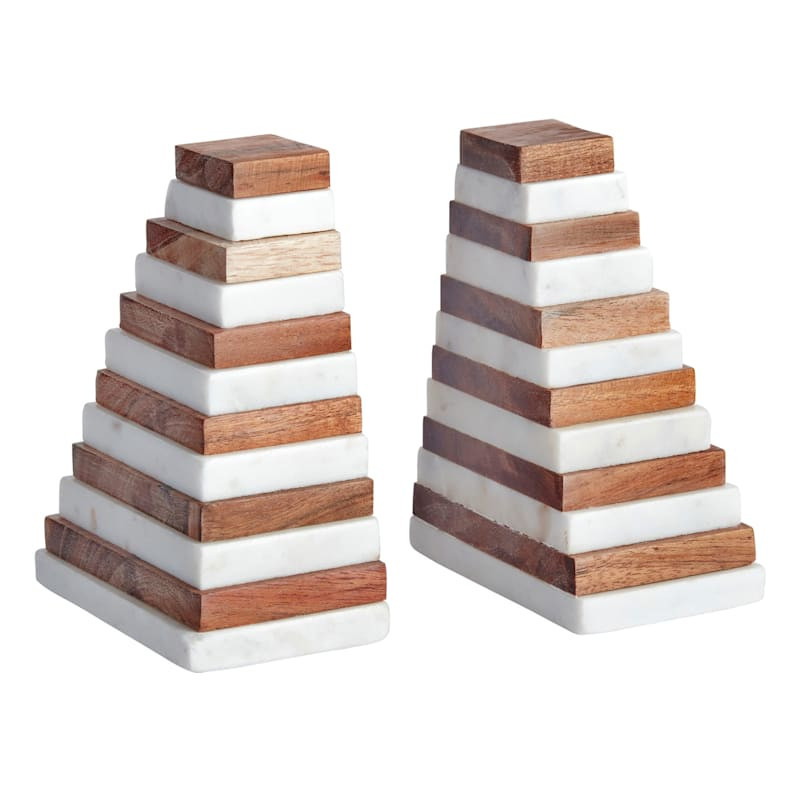 2-Piece Stacked Marble & Wood Bookends Set, 5" | At Home