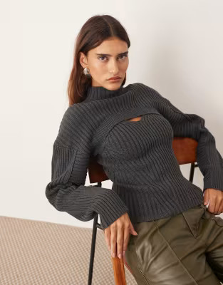 ARRANGE rib knit high neck layered jumper in charcoal | ASOS (Global)