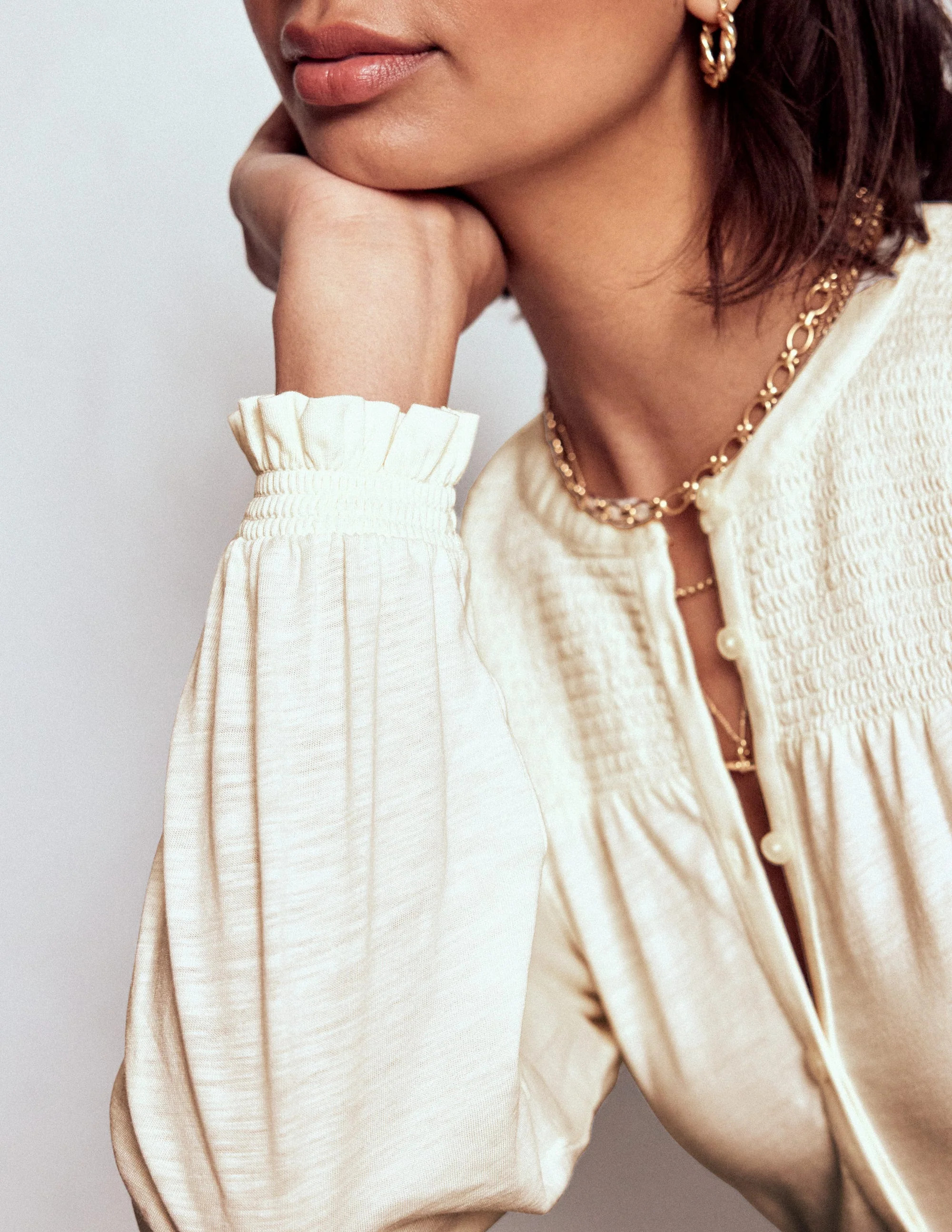 Elsa Smocked Yoke Jersey Shirt-Ivory | Boden (US)