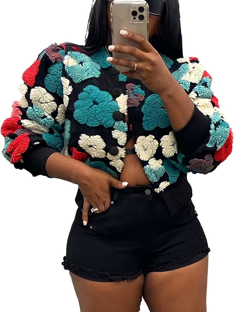 Women's Cropped Floral Print Jacket Long Sleeve Fleece Warm Bomber Jacket Lightweight Button Down... | Amazon (US)