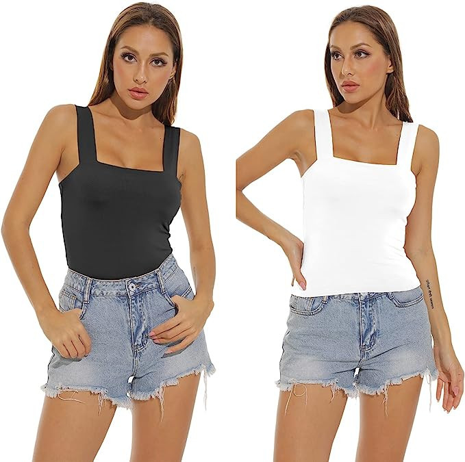 Amilia Women's Basic Solid Casual Wide Strap Tank Tops Double Layer Cami Crop Summer Shirts | Amazon (US)