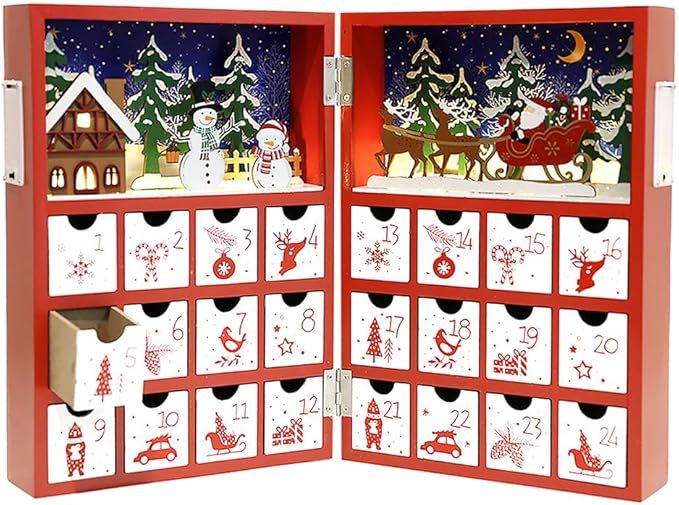 PIONEER-EFFORT Christmas Wooden Advent Calendar Book with LED lighting Red Color Christmas Snowma... | Amazon (US)