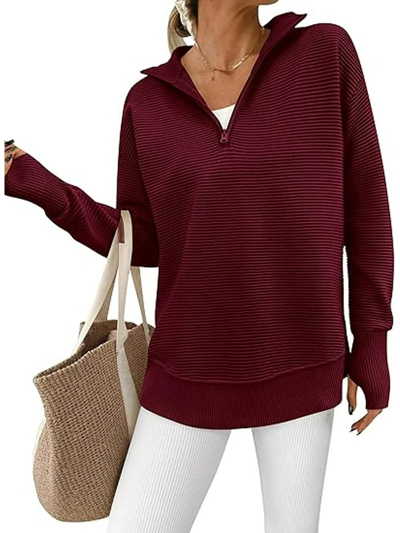 PRETTYGARDEN Womens Long Sleeve Quarter Zip Pullover Sweater Casual Loose V Neck Collared Ribbed ... | Walmart (US)