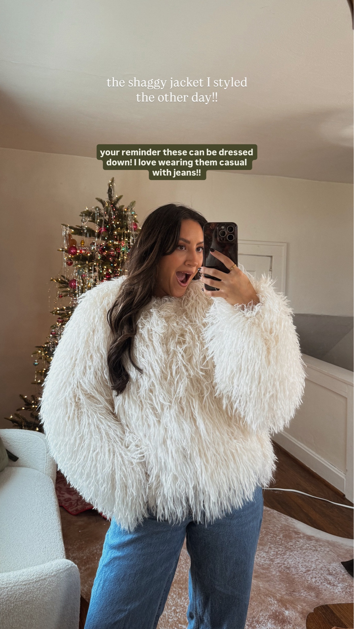 Shaggy white fur jacket on sale for black friday!! This would be so cute for a dressed up holiday party over address or wear it casual like this with jeans

I’m in a size small

#LTKHoliday #LTKFindsUnder100 #LTKCyberWeek