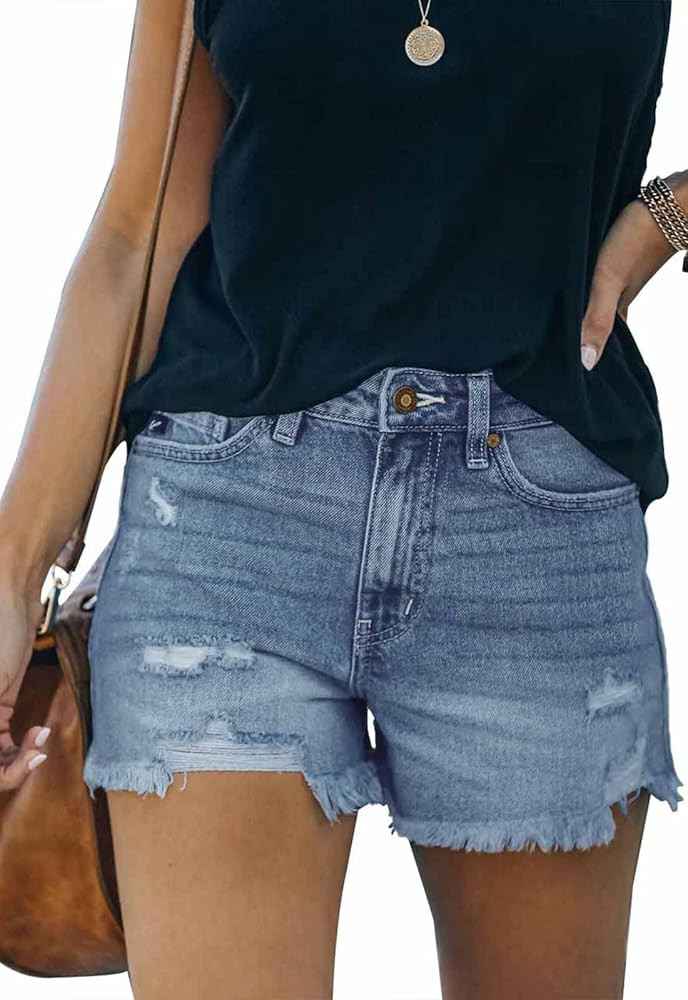 Metietila Women's Casual High Waisted Denim Shorts Frayed Raw Hem Stretch Ripped Jean Shorts | Amazon (US)