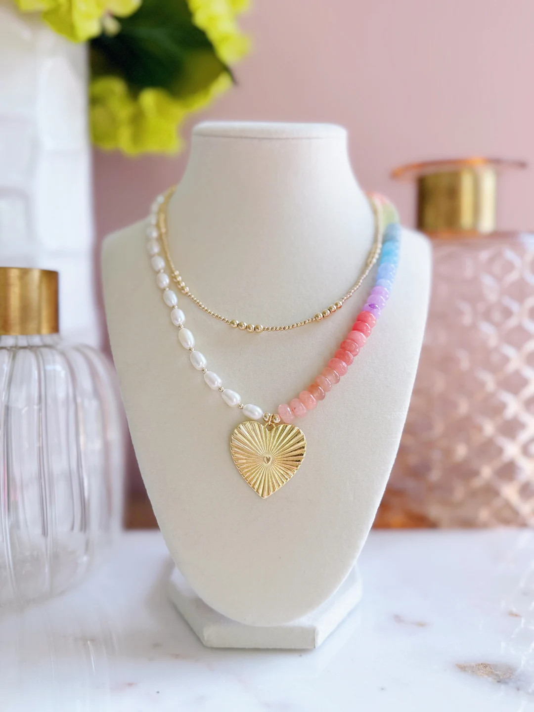 Heart Charm Necklace, Rondelle Necklace, Rainbow Necklace, Heart Necklace, Love Necklace, Colorfu... | Etsy (US)