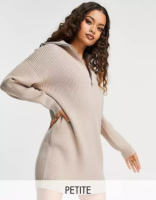 4th & Reckless Petite open collar knitted sweater dress in beige | ASOS (Global)