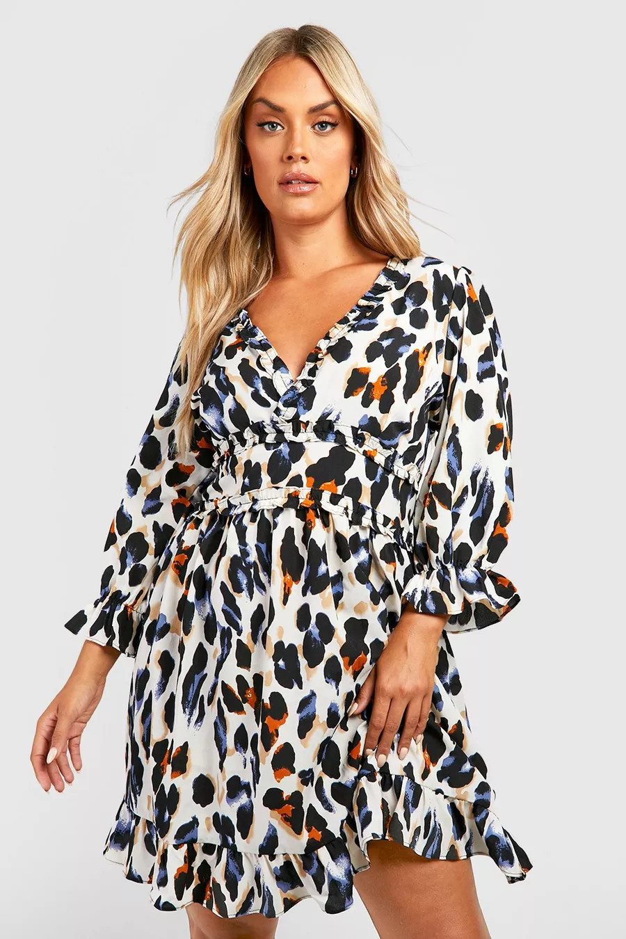 Plus Multi Leopard Print Satin Ruffle Skater Dress | boohoo (US & Canada)
