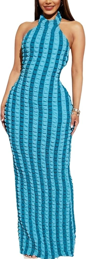 Womens Casual Sexy Halter Sleeveless Sundresses Bubble Textured Backless Prom Cocktail Maxi Dresses | Amazon (US)