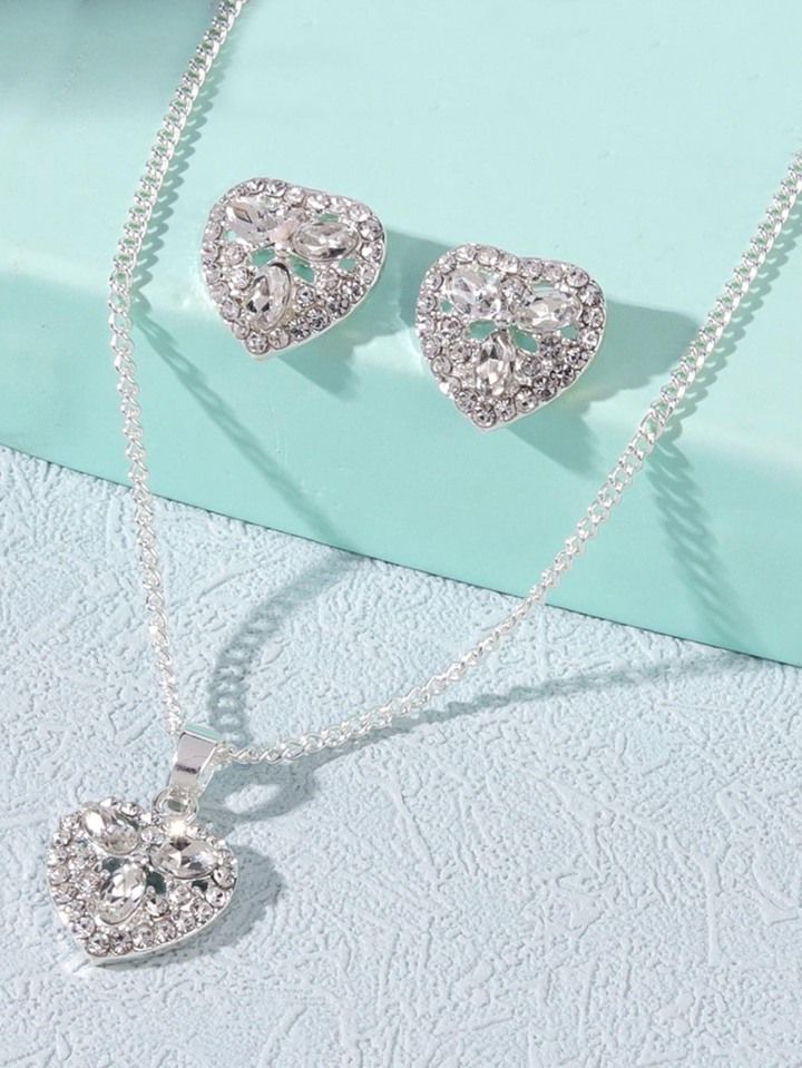 3pcs/set Simple Heart Full Of Rhinestone Clavicle Chain Necklace | SHEIN