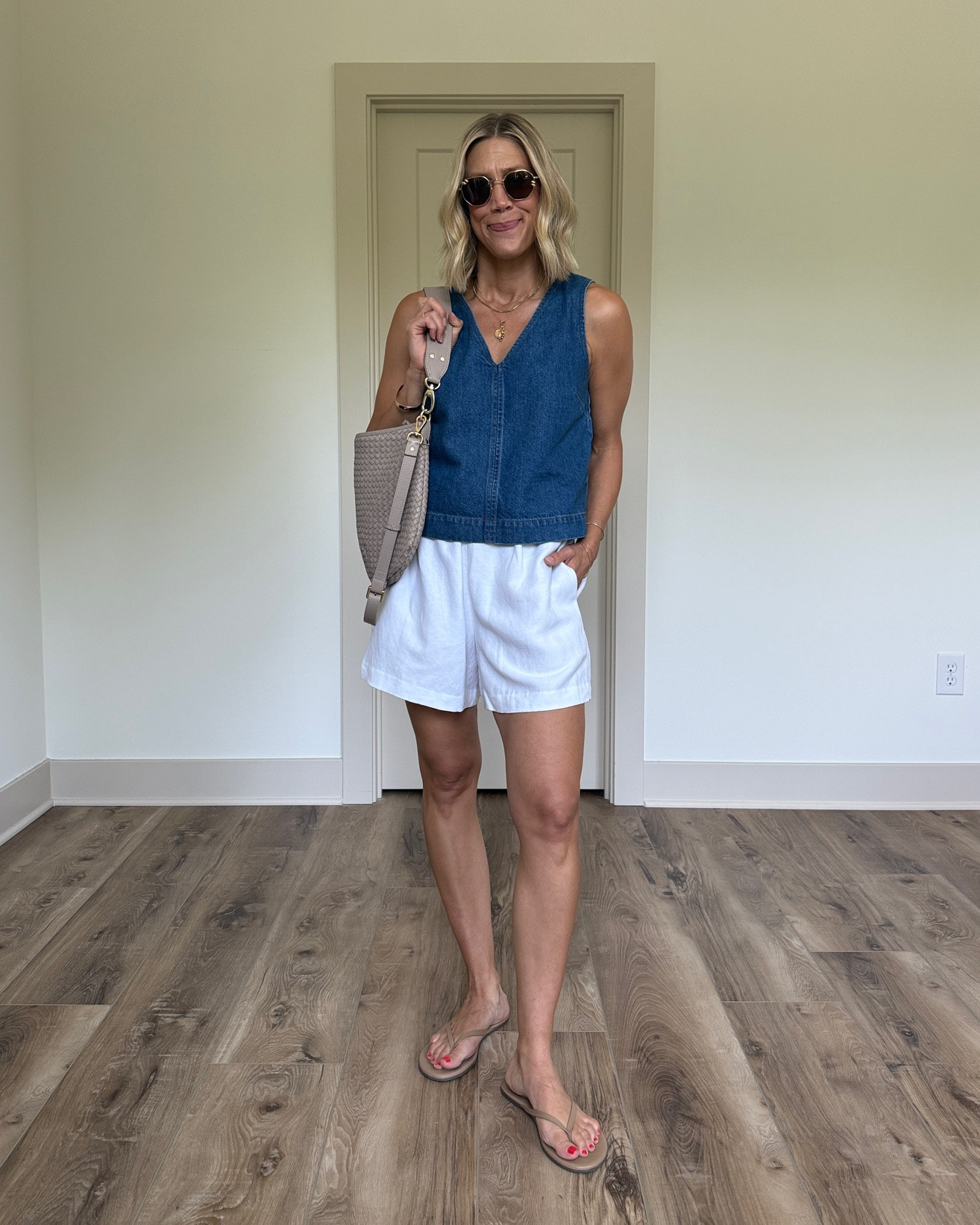 Wearing small linen shorts, small denim top, sandals tts

#LTKootd #LTKSeasonal #LTKOver40