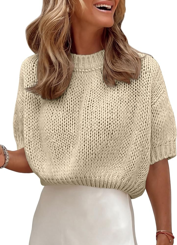ANRABESS Womens Short Sleeve Crewneck Sweater Crop Top, Summer Fall Fashion | Amazon (US)