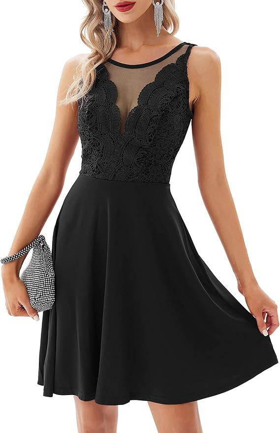 GRACE KARIN Women Sleeveless Lace Patchwork Deep V-Neck A Line Flared Party Dress | Amazon (US)