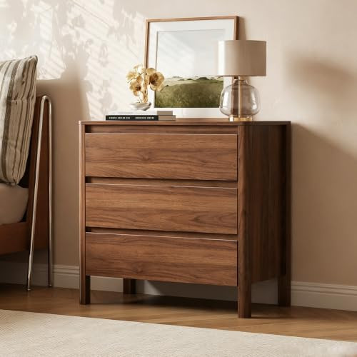 Mid Century Modern Nightstand, 31.5" Wide Bedside Table with 3 Large Storage Drawers, Wood Legs, Wooden End Table for Bedroom, Walnut | Amazon (US)