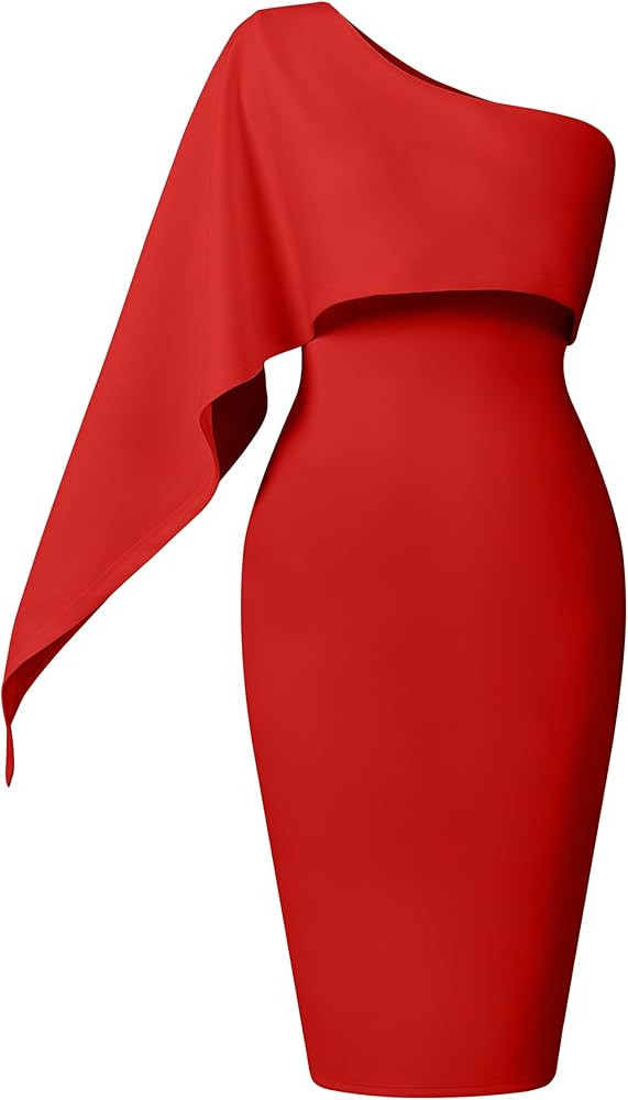 Memoriesea Women's Elegant One Shoulder Ruffle Bodycon Cocktail Party Midi Dress | Amazon (US)