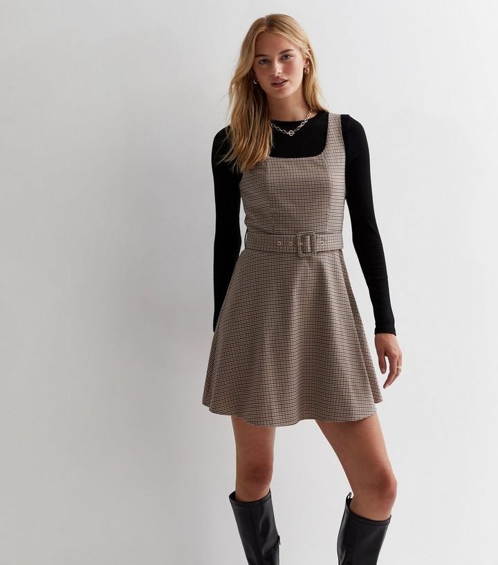 Tall Brown Check Belted Pinafore Mini Dress | New Look | New Look (UK)