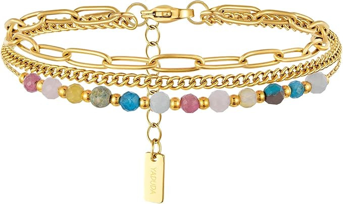 YADUDA Layered Bracelets Dainty Gold Bracelets for Women Chain Link Paperclip with Malachite Colo... | Amazon (US)