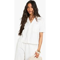 boohoo Women's Linen Look Short Sleeve Shirt in White | Size: 8 | Denim/Cotton/Linen | boohoo (US & Canada)
