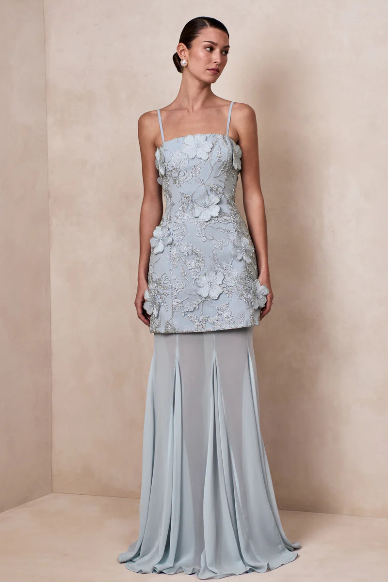 Nessa  Light Blue 3D Floral Square-Neck Maxi Dress With Sheer Skirt | Club L London