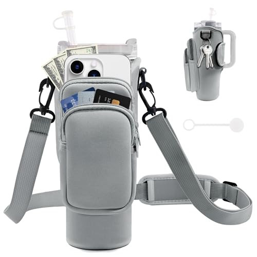 JEBEALUO Water Bottle Carrier Bag with Phone Pocket for Stanley Cup 40/30 oz, Water Bottle Holder with Adjustable Strap& Straw Cover, Stanley Cup Accessories (Grey) | Amazon (US)