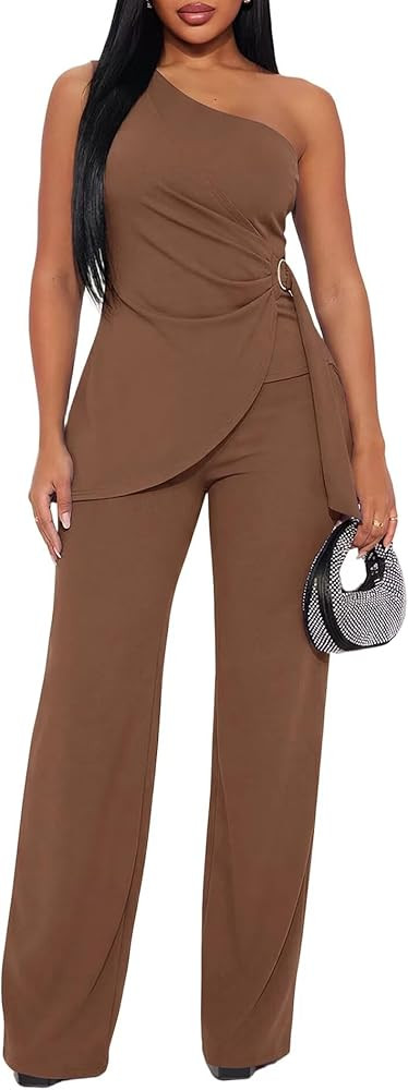 Ekaliy Women's 2 Piece Pants Suit Sexy One Shoulder Top Flare Pants Sets Elegant Jumpsuits Formal... | Amazon (US)