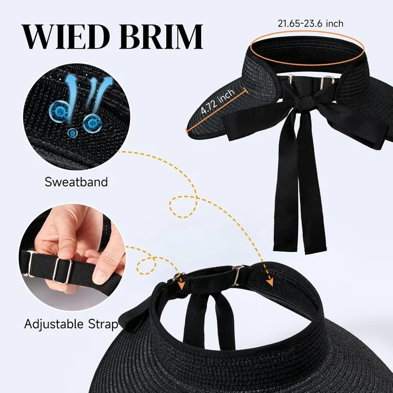 OZERO Women Sun Straw Visor Hat: Wide Brim Beach Hats Summer Ponytail Hat Foldable Packable UV Pr... | Walmart (US)