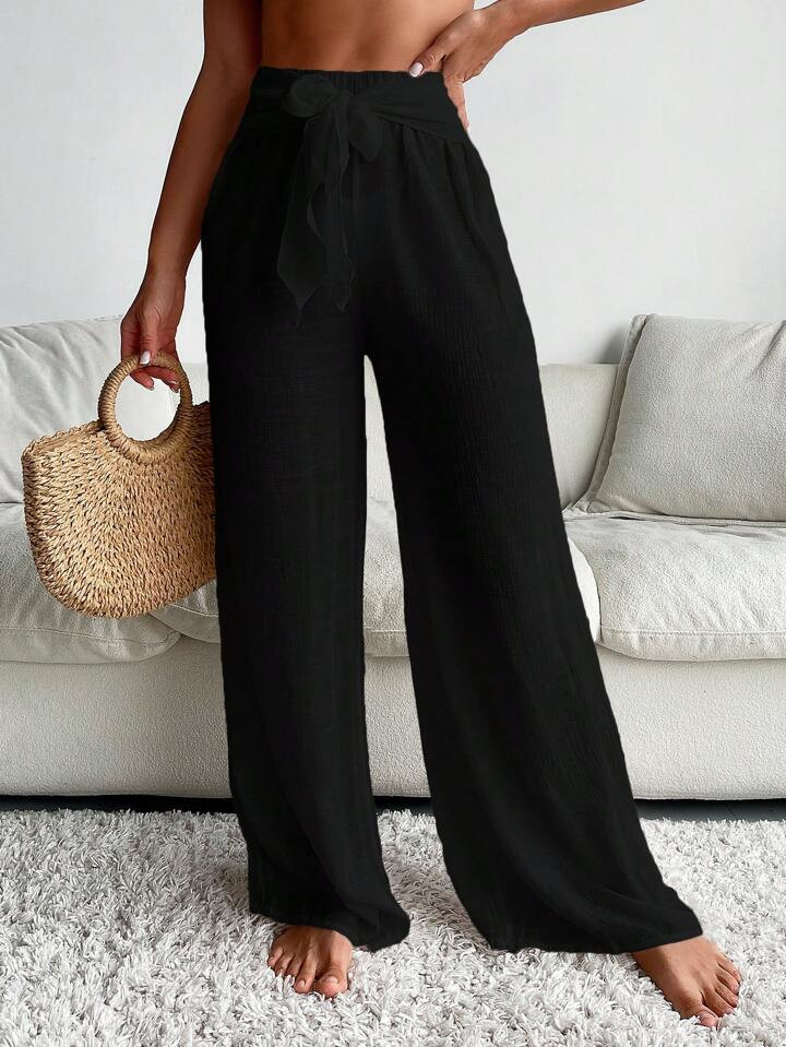 SHEIN Swim Basics Summer Beach Solid Tie Front Wide Leg Cover Up Pants | SHEIN