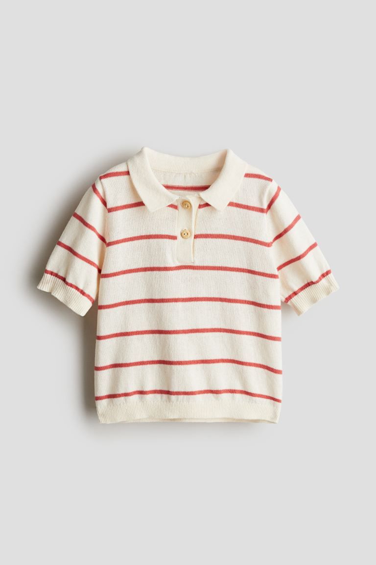 Knit Polo Shirt - Short sleeve - Regular length - Cream/red-striped - Kids | H&M US | H&M (US + CA)