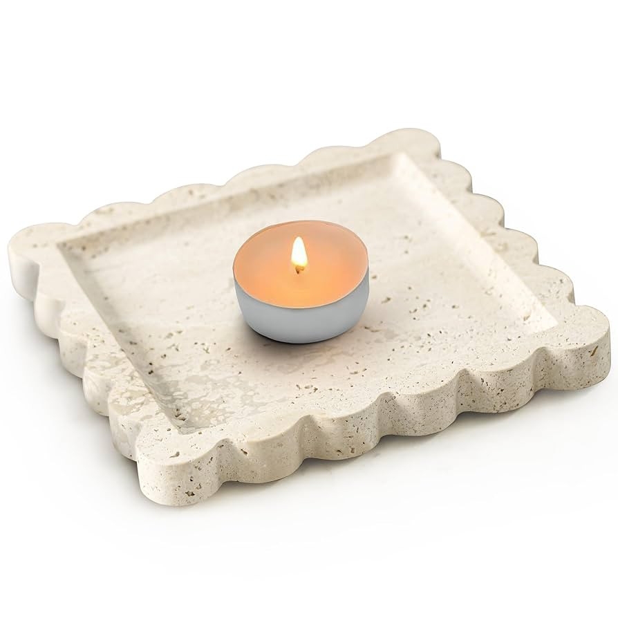Natural Square Travertine Tray with Scalloped Edge, Multi-Purpose Marble Tray for Kitchen Counter... | Amazon (US)