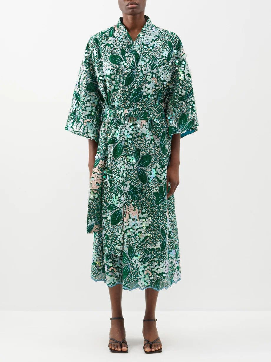 Sequinned leaf-motif robe dress | Matches (US)