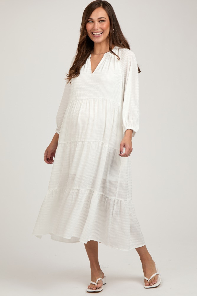 White Textured Tiered Maternity Midi Dress | PinkBlush Maternity