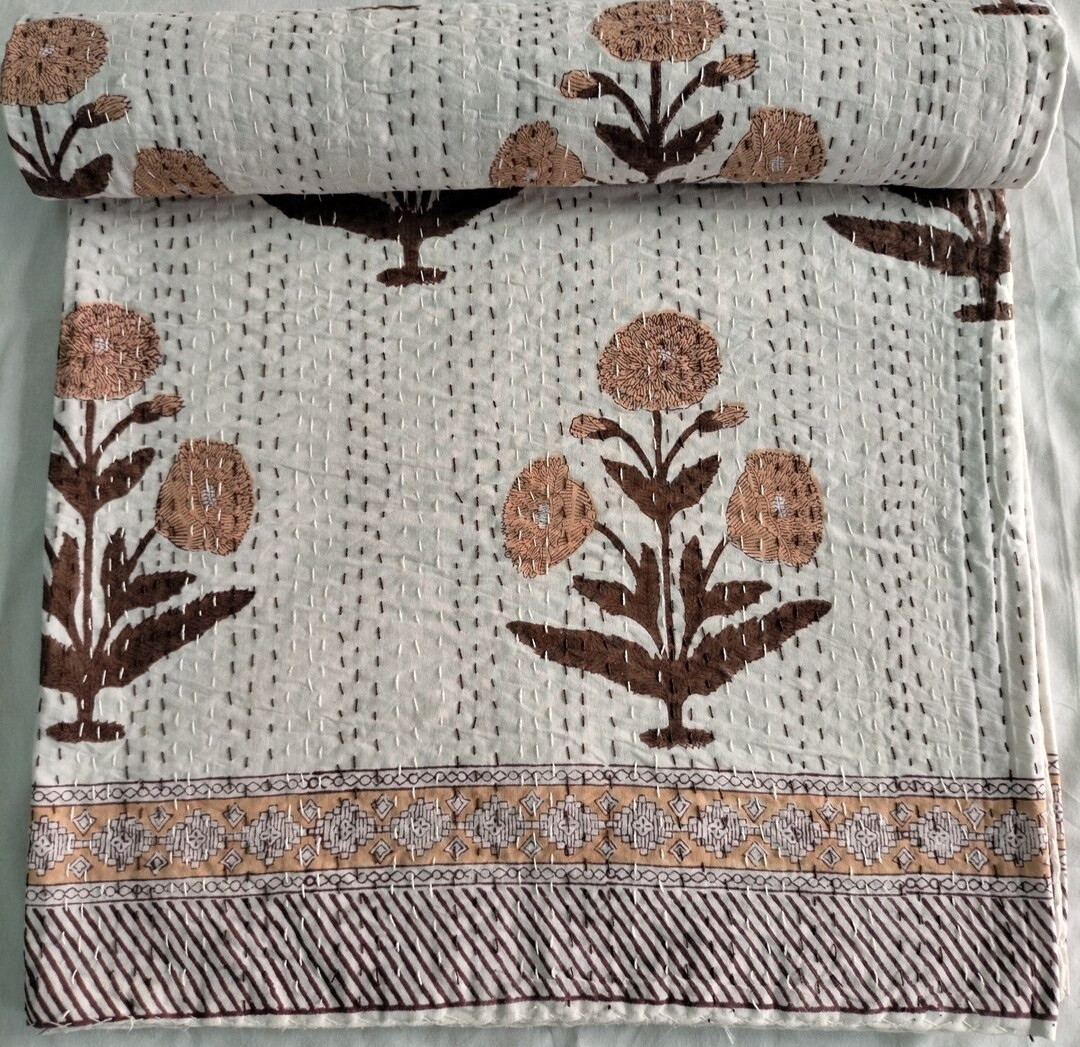Kantha Quilt Brown Hand Block Print Kantha Bedspread Handmade Indian Cotton Kantha Quilt Queen Ha... | Etsy (US)