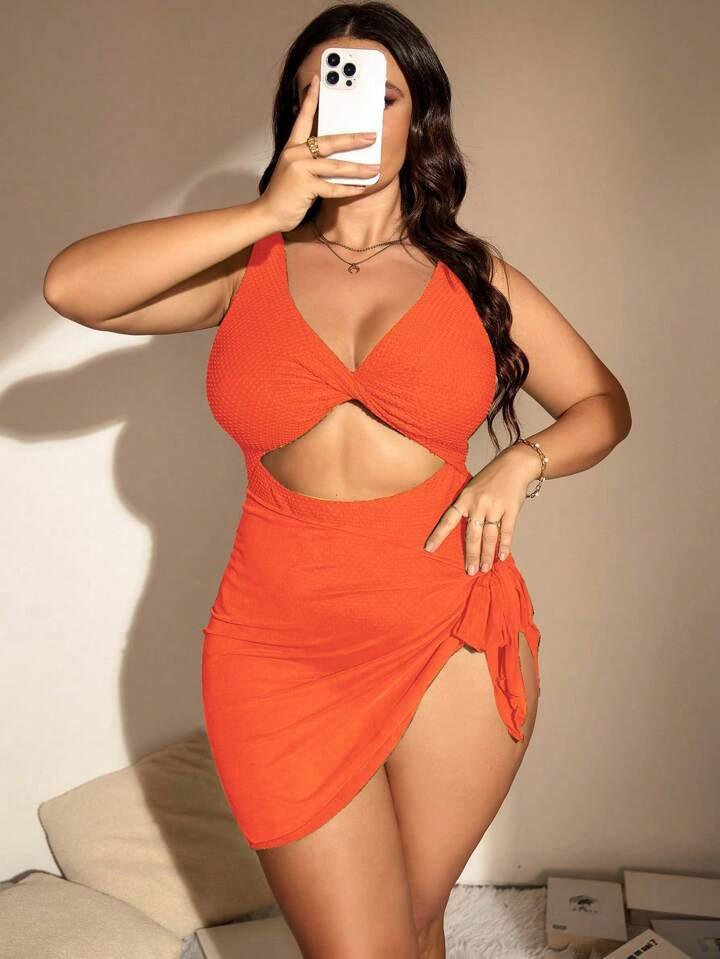 SHEIN Swim Chicsea Plus Size Summer Beach Hollow Out Textured Beachwear One-Piece Swimsuit With S... | SHEIN