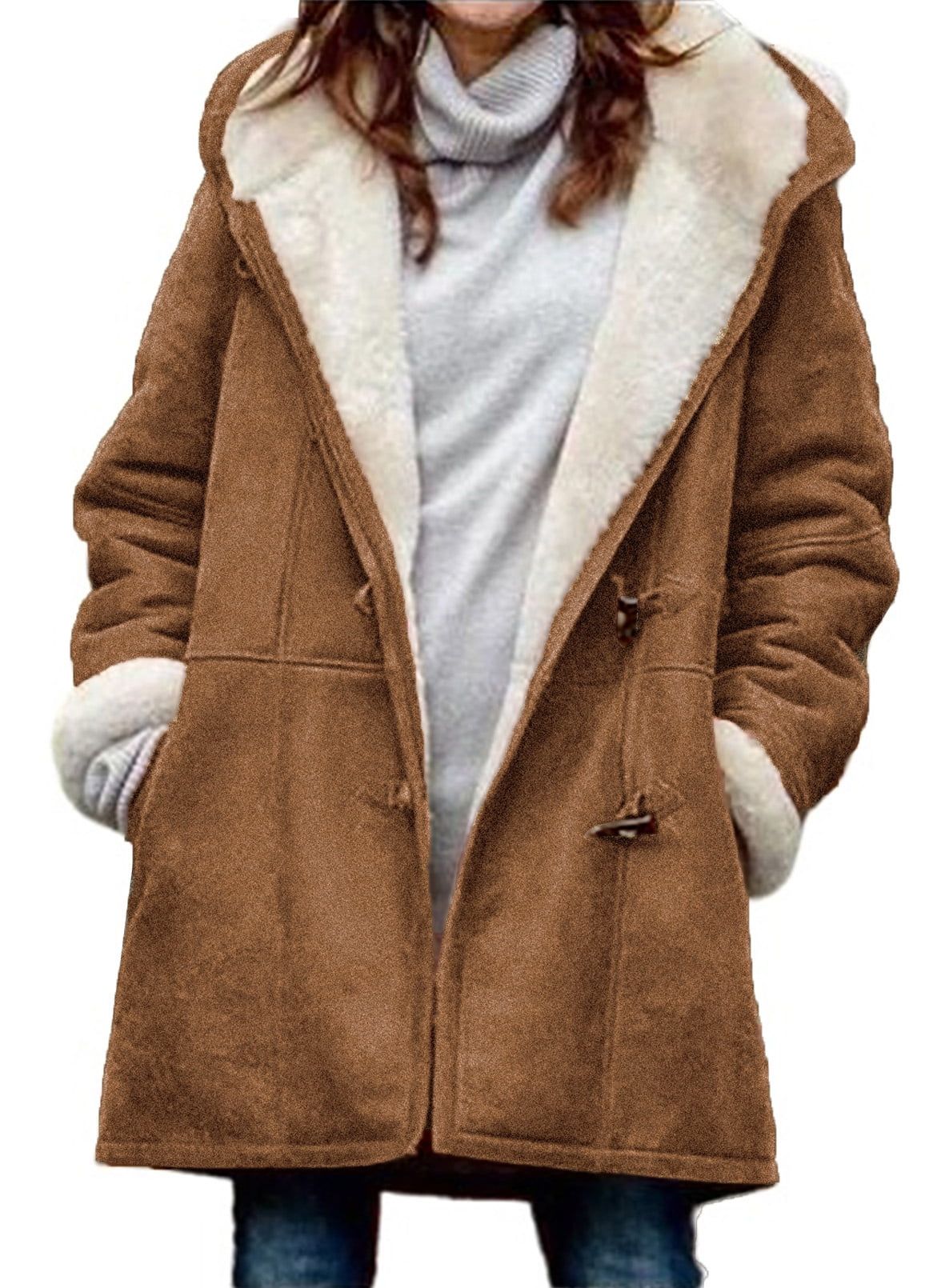 Eytino Women Sherpa Lined Jacket Long Sleeve Winter Warm Button Down Hooded Coat Outerwear with P... | Walmart (US)