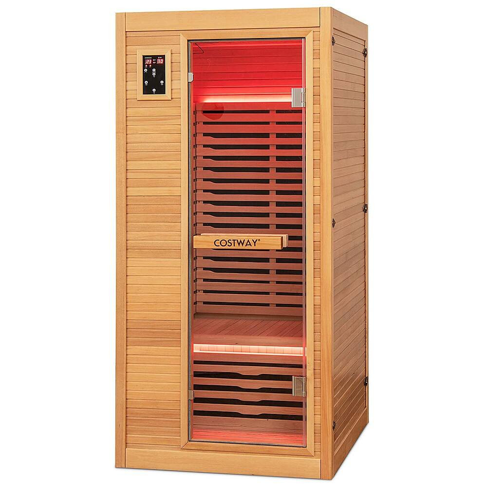 Costway - 1 Person Far Infrared Wooden Sauna Room with Bluetooth Speakers, 9 Carbon Heaters - Natural | Best Buy U.S.