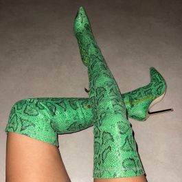Duke Green Faux Snake Print Pointed Toe Thigh High Boots | Simmi Shoes