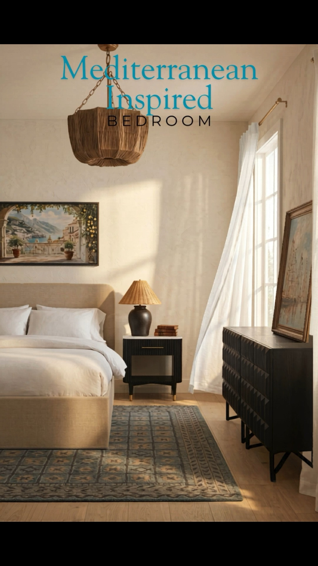 Get ready for guest with a Mediterranean inspired guest room or make over your room for some fresh vibes and the feel of summer all year round. Mediterranean bedroom, neutral home decor, coastal interior design, woven chandelier, pleated lampshade, upholstered bed frame, vintage landscape art, fluted black dresser, earthy bedroom styling, transitional bedroom furniture

#LTKHome