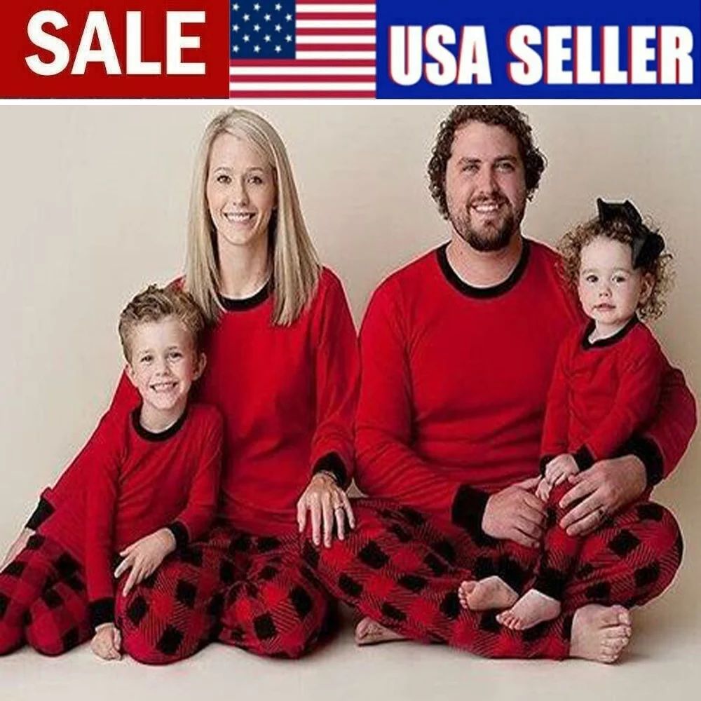 Matching Family Pajamas Sets Christmas PJ's Red Long Sleeve Tee and Plaid Pants Loungewear | Walmart (US)