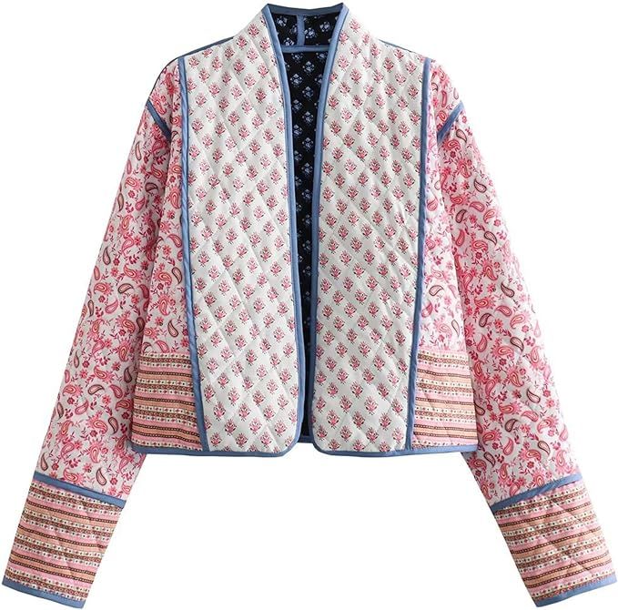 Women's Cropped Puffer Quilted Jacket Cardigan Floral Printed Lightweight Long Sleeve Open Front ... | Amazon (US)