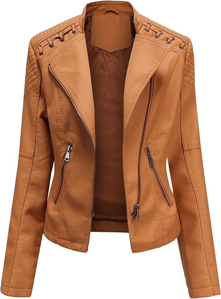 BOFETA Womens Faux Leather Long Sleeve Jackets Quilted Moto Outwear Slim Lapel Coats | Amazon (US)