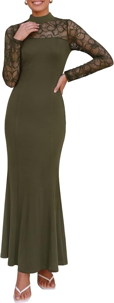 PRETTYGARDEN Women's Fall Lace Sheer Dress Bodycon Maxi Cocktail Dresses | Amazon (US)