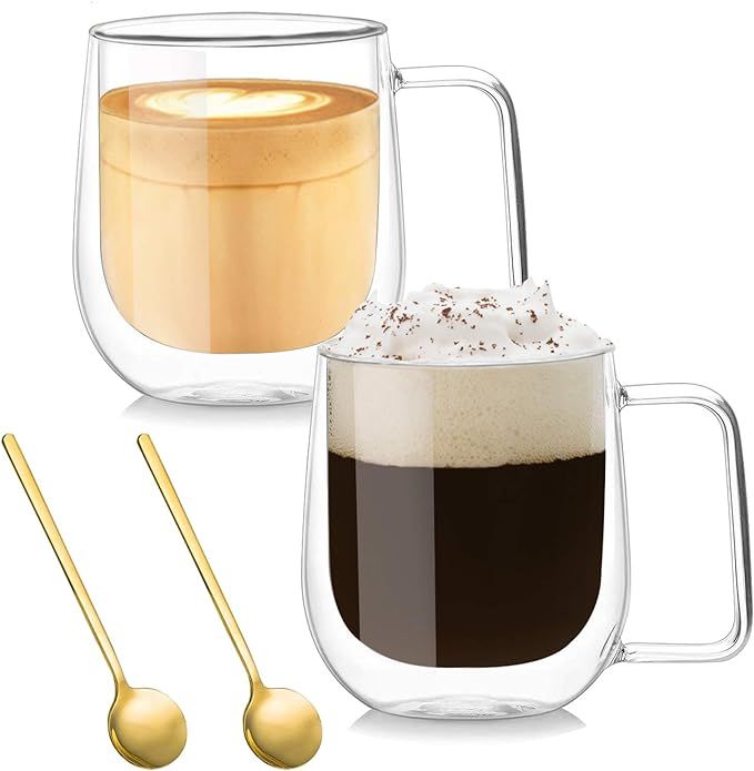 Double Walled Glass Coffee Mug, Clear Glass Mug for Coffee&Tea, Insulated Glass Mug with Large Ha... | Amazon (US)