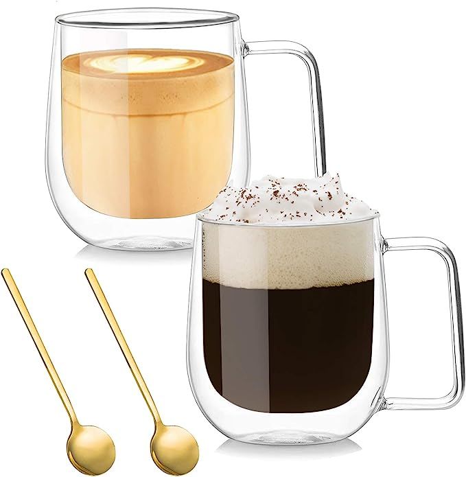 Double Walled Glass Coffee Mug, Clear Glass Mug for Coffee&Tea, Insulated Glass Mug with Large Ha... | Amazon (US)