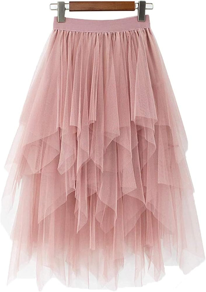 LBKKC Women's Tulle Skirt Formal High Low Asymmetrical Midi Length Elastic Waist Tutu Layered Puf... | Amazon (US)