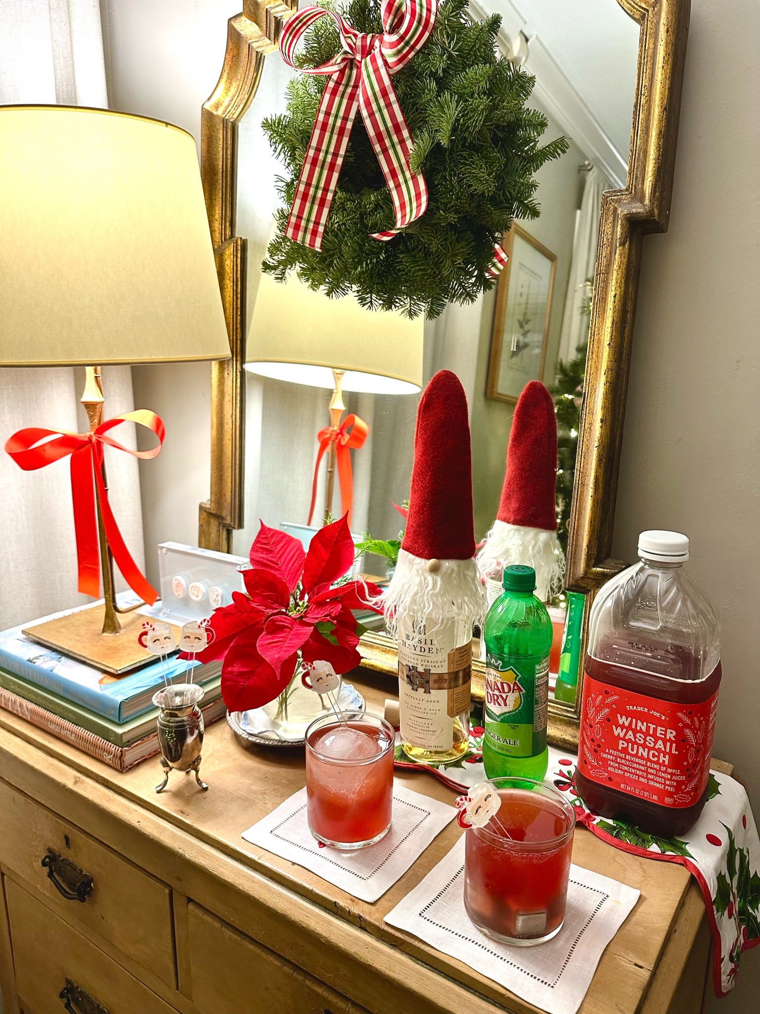 Cheers to Saturday night and our favorite festive cocktail lately! 🥂 It’s incredibly easy to make and you could easily turn it into a mocktail too. Hope it helps to make spirits bright during your happy hour soon! 🎄

To make:

I recommend making this in a clear glass since the color of the cocktail is pretty on its own. 
Step one — Add ice. We love using these giant ice cubes or reusable ones when making cocktails at home! Either of these would make a great stocking stuffer!
Step two — Add alcohol of your choice. We used one shot of @basilhayden’s Kentucky Bourbon Whiskey! You could easily skip this step to enjoy it as a mocktail instead. 
Step three — Fill your cup just above halfway with @traderjoes Winter Wassail Punch! This is a seasonal item, so be sure to get it while you can. 
Step four — Top the drink with ginger ale or ginger beer for a yummy fizz! I suspect sparkling water would work well too but may dilute the flavor of the Wassail a bit. 

Stir, garnish, and enjoy!! 🎅🏻 