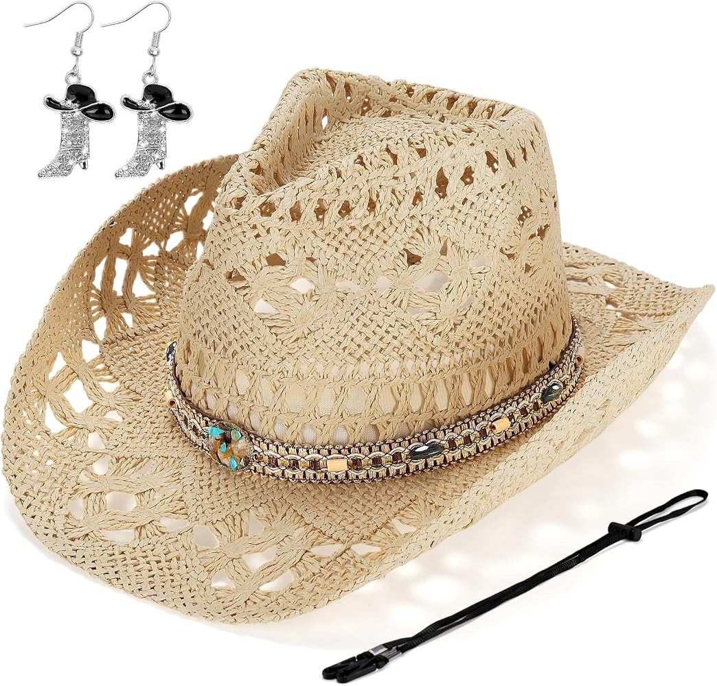 Straw Cowboy Hat for Women, Western Cowgirl Hats with Boot Earrings, Brim Summer Beach Hat | Amazon (US)
