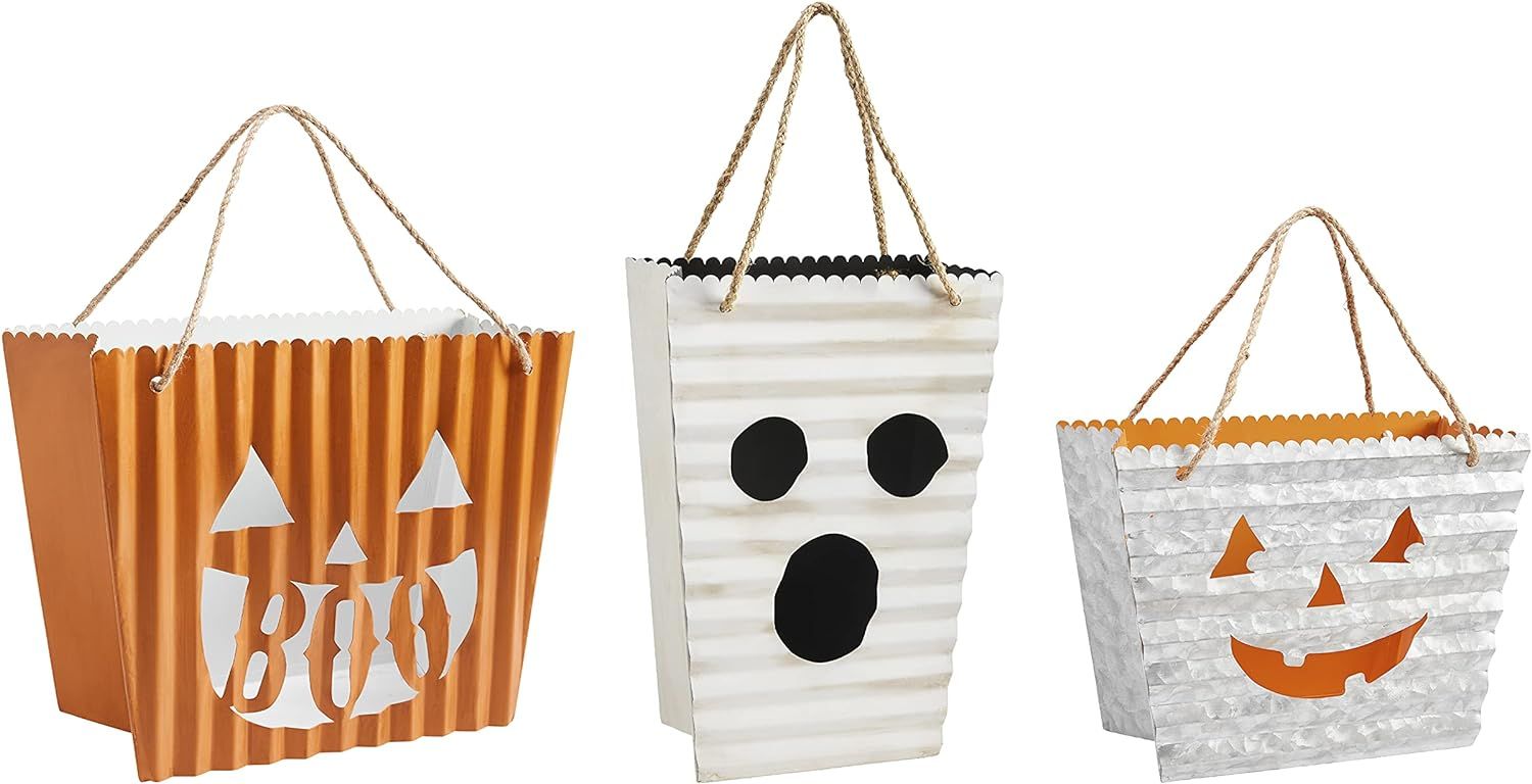 Mud Pie Three Piece Treat Bag Lantern Set, 8 3/4" x 12" 9" x 13 1/2" 11 1/4" x 15", Silver, White... | Amazon (US)