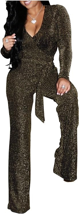 LightlyKiss Women Casual Sexy V Neck Sparkly Jumpsuits Long Sleeve Onesie Loose Pants Party Clubw... | Amazon (US)