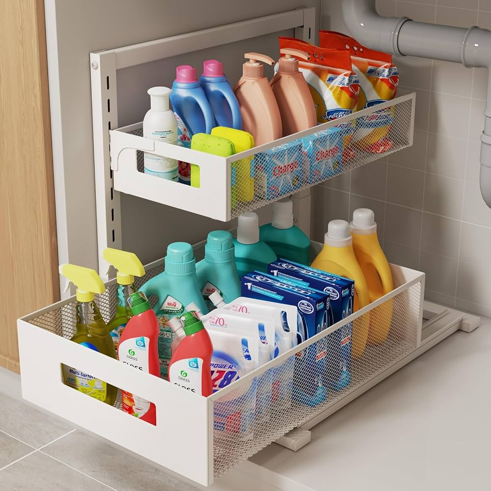 Under Sink Organizer Adjustable Height 2 Tier Bathroom Organizer Pull Out Cabinet Organer kitchen... | Amazon (US)