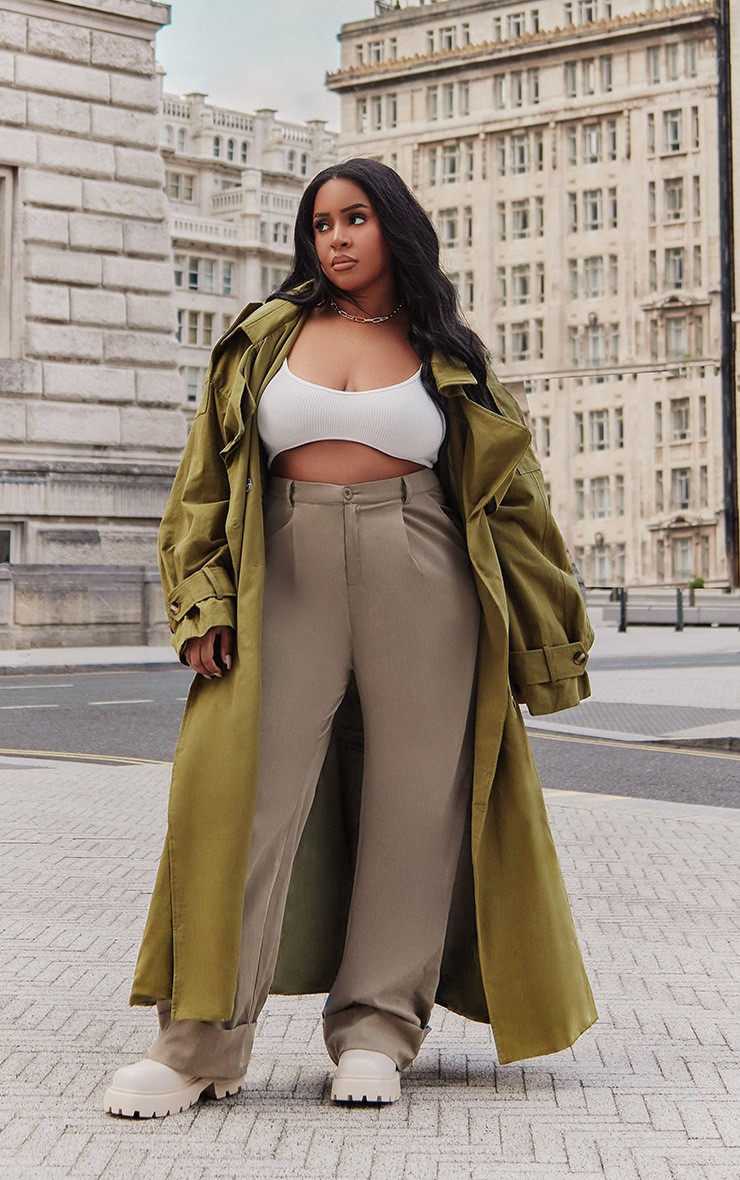 Khaki Premium Woven Hooded Oversized Trench Coat | PrettyLittleThing US